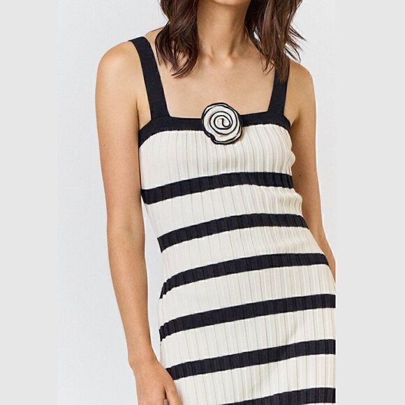 Striped Midi Rosette Black and White Dress - Picture 4 of 4